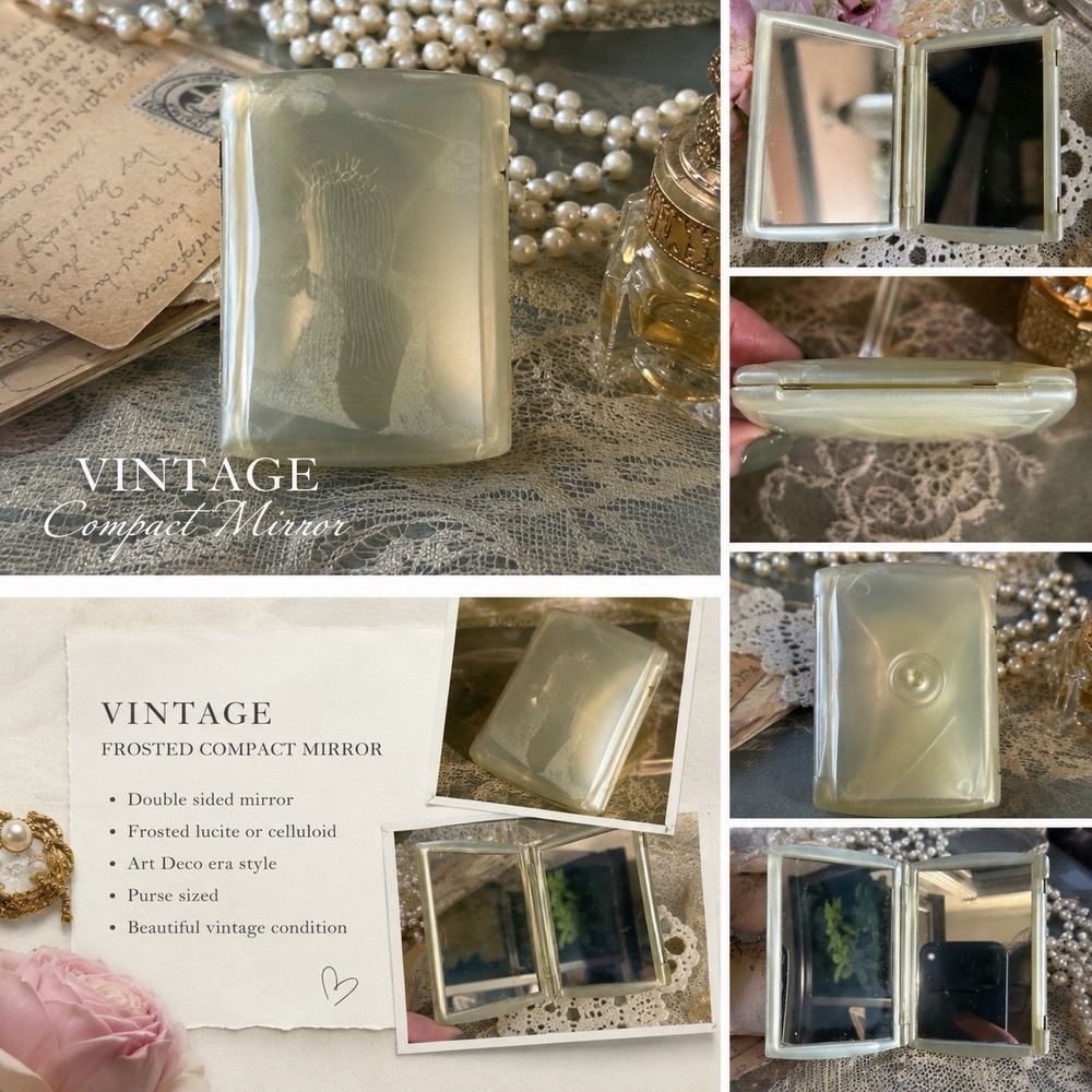 Frosted Lucite/Celluloid Compact Mirror Double Sided Vanity Purse‎ Mirror Vtg